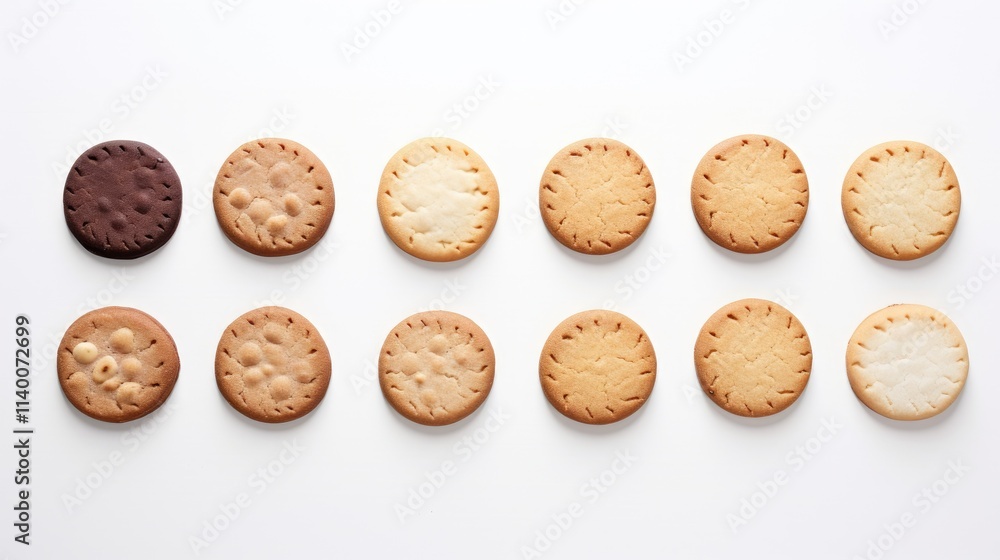 Poster assorted cookies arranged in a neat row on a clean white background displaying various flavors and t
