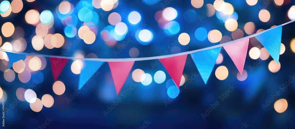 Aufkleber Abstract blue bokeh background with colorful triangular flags creating a festive atmosphere ideal for celebrations and events