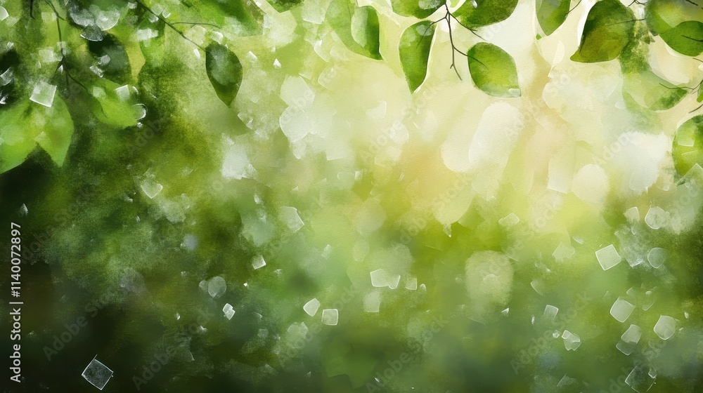 Aufkleber lush green leaves with soft blurred background of light and colorful bokeh effects