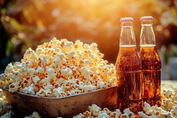 Delicious Popcorn in a Bowl Next to Cold Beverages Perfect for Movie Nights and Outdoor Gatherings During Sunset with Warm Lighting