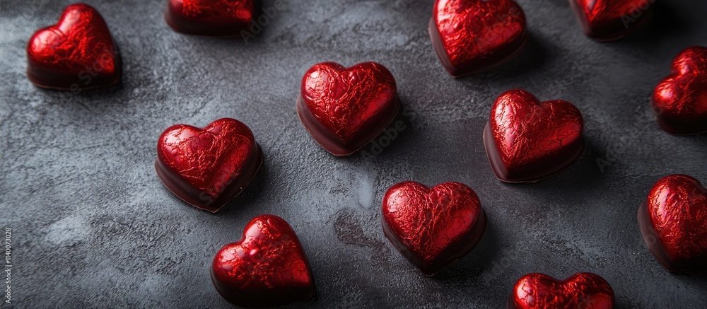 Poster heart shaped chocolate confections wrapped in red foil displayed on a dark textured surface perfect 