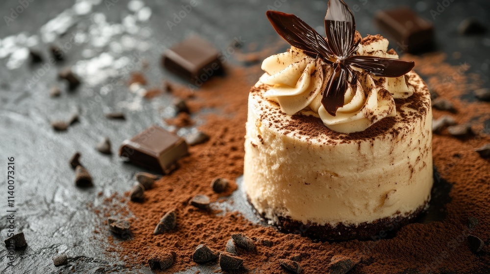 Aufkleber elegant cream cake topped with chocolate curls and cocoa powder on a rustic wooden background with c