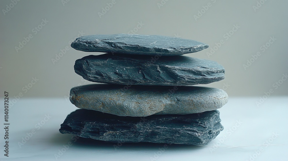 Poster stacked slate stones arranged in a minimalist style on a clean white background emphasizing balance 