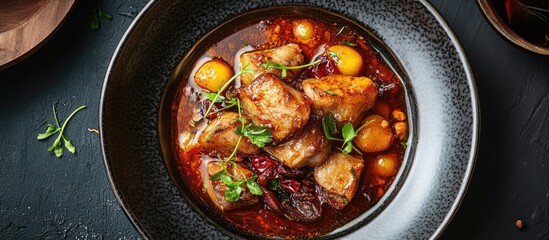 Savory dish of tender meat and vegetables in a rich sauce presented in a stylish black bowl on a dark background