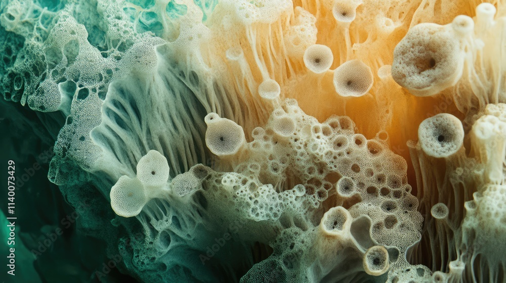 Poster fungal textures and growth patterns on a colorful wall surface showcasing intricate details and orga