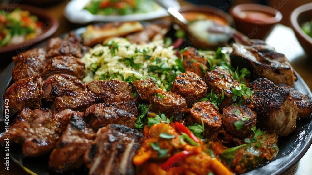 Poster grilled meats and spices served on a platter with rice and vegetables showcasing a vibrant and appet