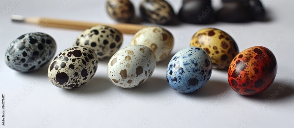 Poster colorful decorated quail eggs with intricate patterns arranged on a surface showcasing artistic craf