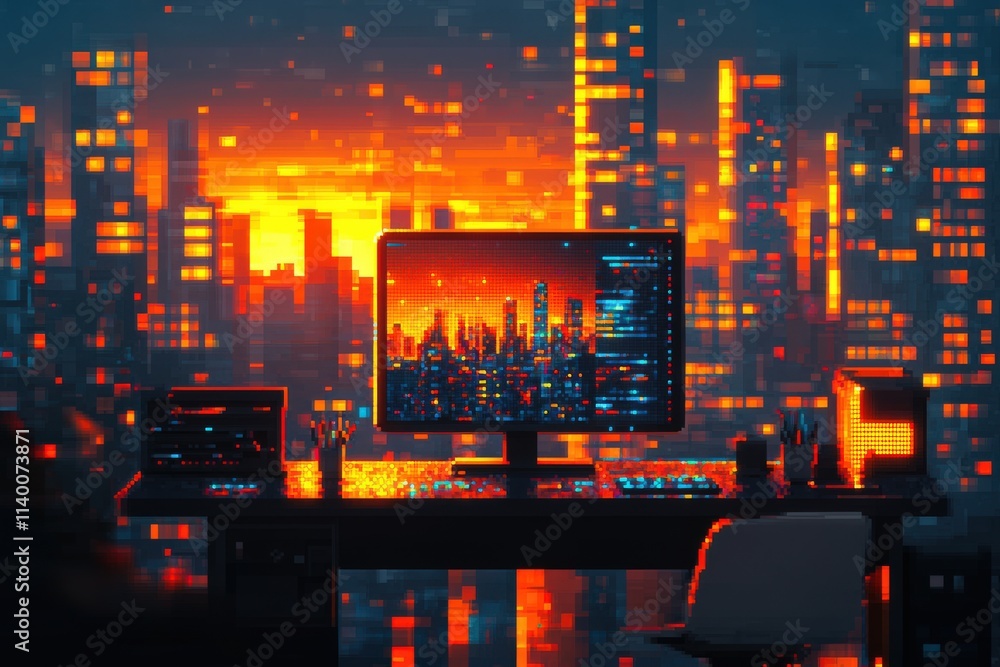 Poster pixel art cityscape sunset view from a programmer's desk. a vibrant digital art depicting a computer