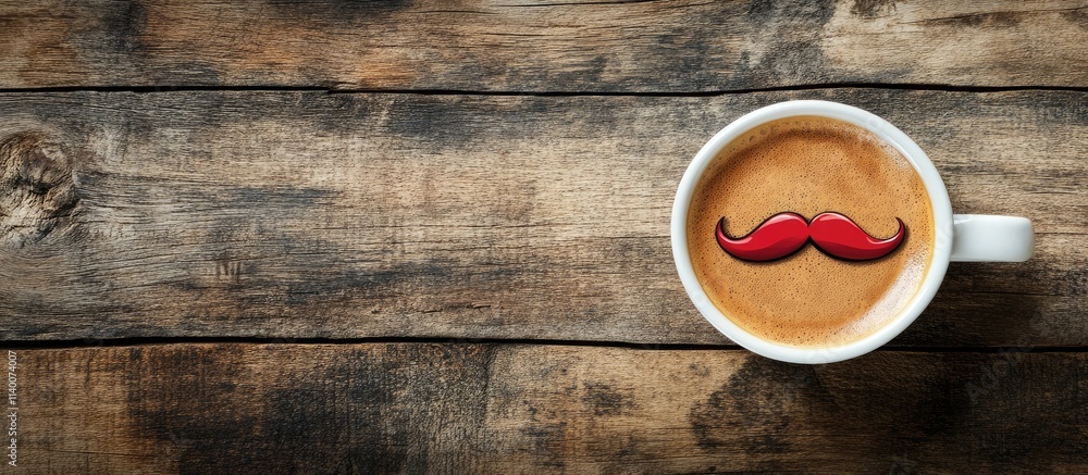 Aufkleber cup of coffee with a playful red mustache design on a rustic wooden table adding a whimsical touch t
