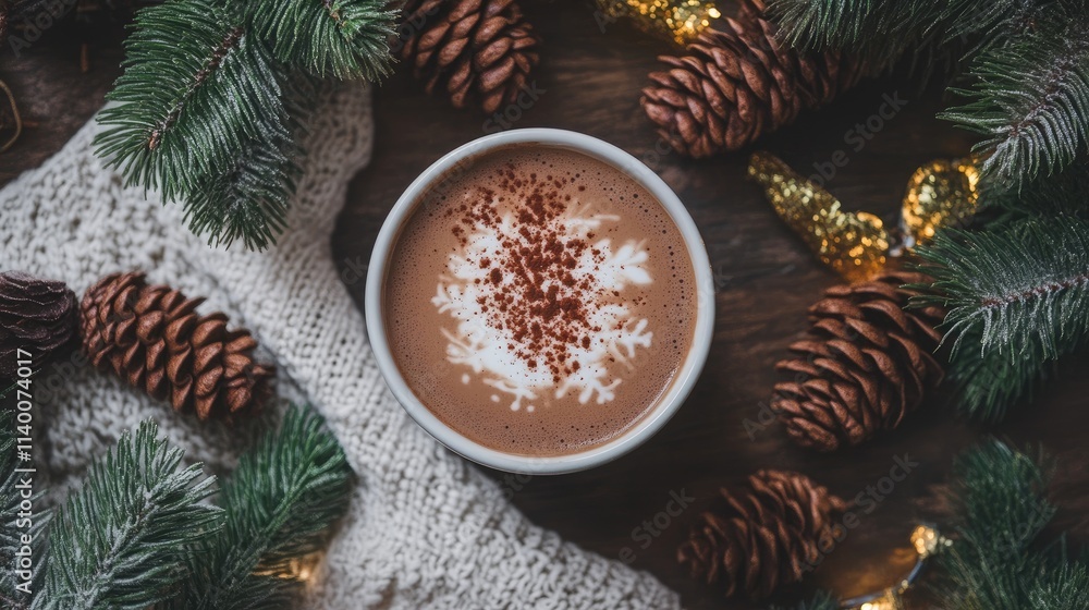Poster cozy hot cocoa topped with snowflake design surrounded by pinecones and festive decorations on a woo