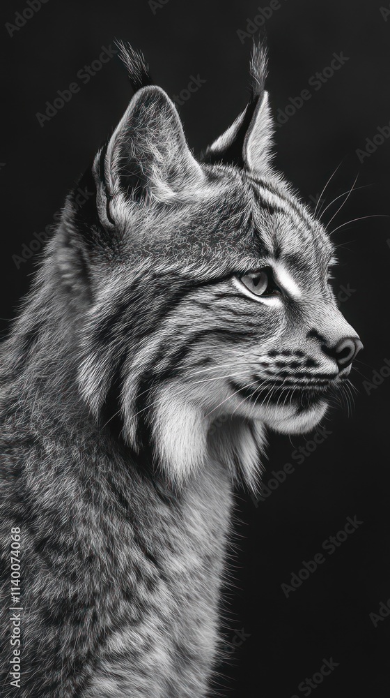 Poster a black and white portrait of a lynx, showcasing its distinctive features and expression.