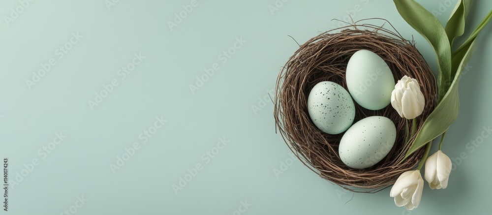 Poster Decorative Easter eggs in a nest with tulips on a light green background showcasing a festive top down view with ample copy space