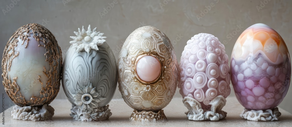 Poster Elegant decorative Easter eggs in various designs showcasing intricate patterns and textures on a neutral background.