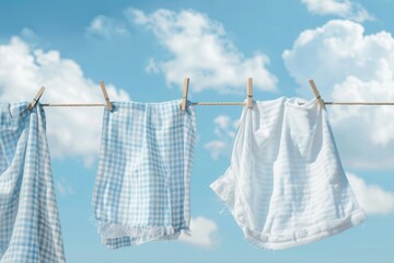 Freshly washed linen hanging on a clothesline under a bright blue sky with fluffy white clouds during a sunny day. Generative AI