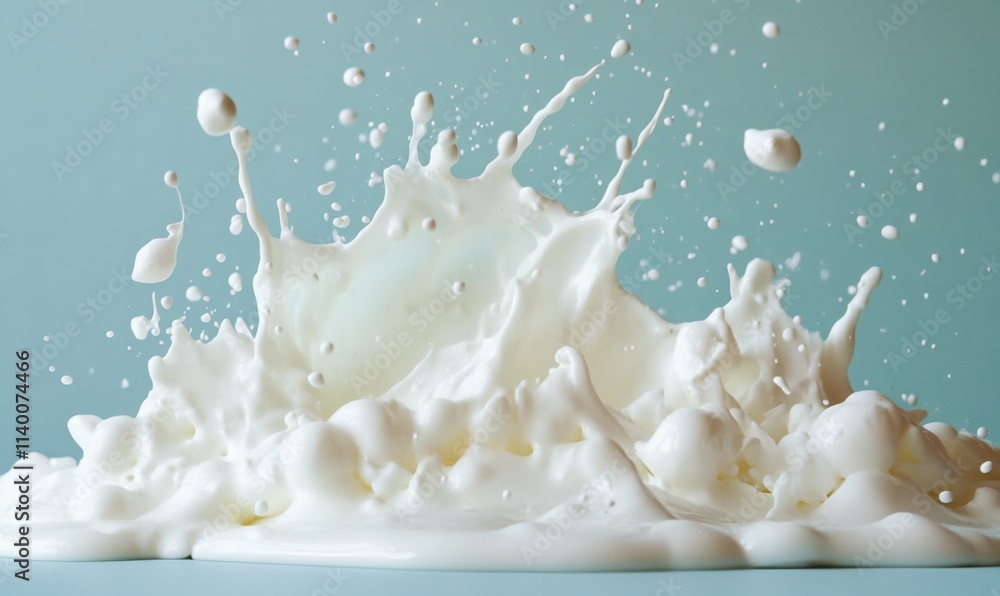 Poster milk splashes in a crown shape against a light blue backdrop, creating a captivating and dynamic vis