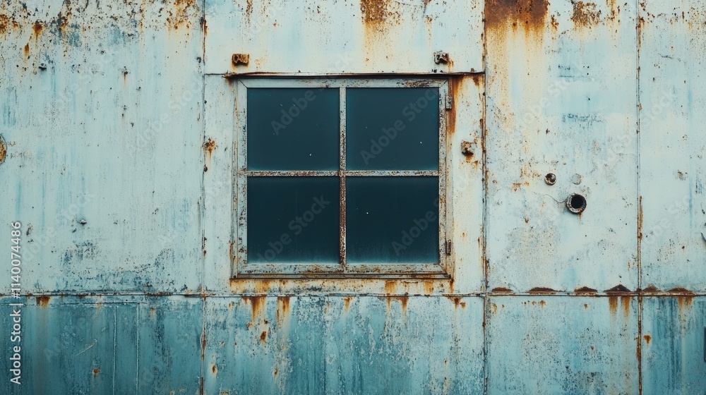 Poster weathered metal wall with rust and corrosion showcasing an old window frame and peeling paint textur