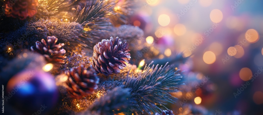 Poster close-up of a beautifully decorated christmas tree featuring twinkling lights and colorful ornaments