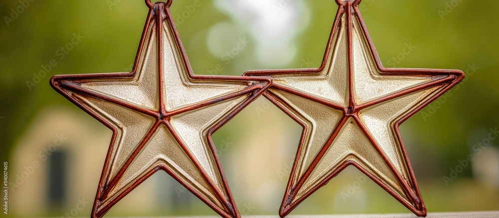 Aufkleber Decorative stars hanging elegantly with a blurred green tree background creating a serene and artistic atmosphere in the composition