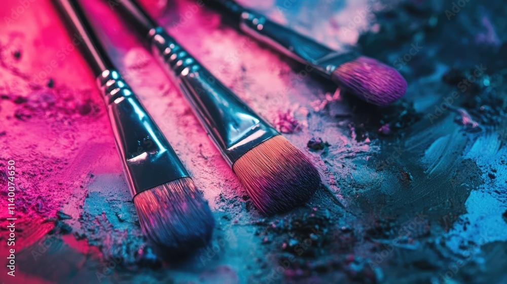 Aufkleber Paint brushes resting on vibrant, textured background showcasing color and creativity in an artistic setting with a dynamic aesthetic.