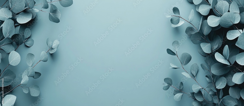 Poster elegant eucalyptus leaves frame on a serene blue background ideal for nature-inspired designs and bo