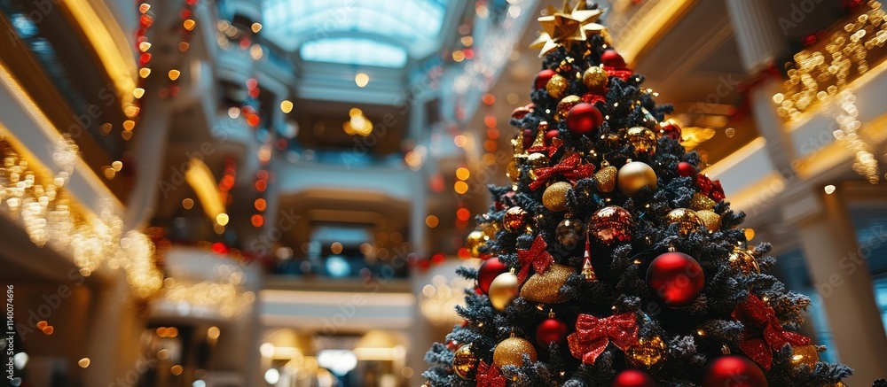 Poster elegant christmas tree adorned with ornaments illuminated by a festive bokeh background in a beautif