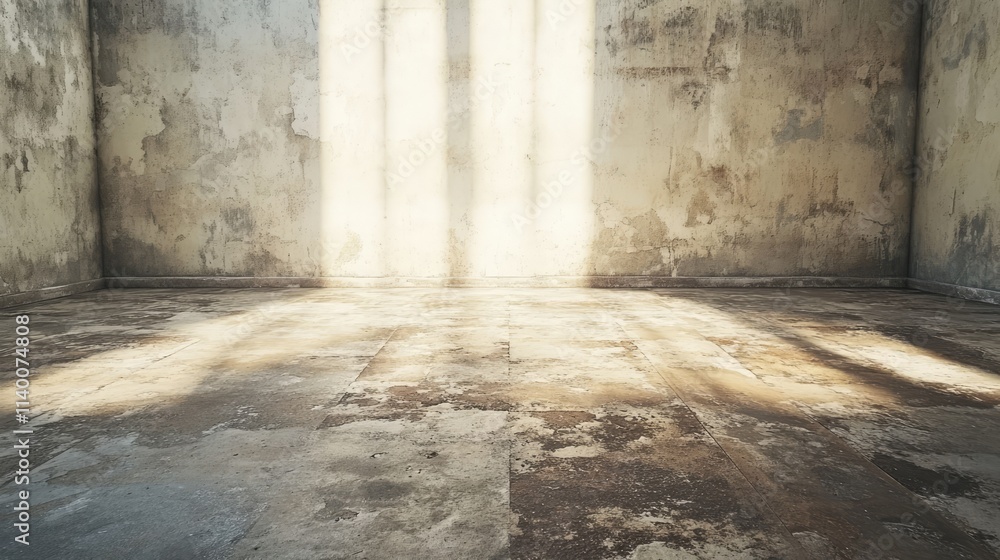 Poster Worn and textured cement floor with natural light casting shadows in an empty room backdrop