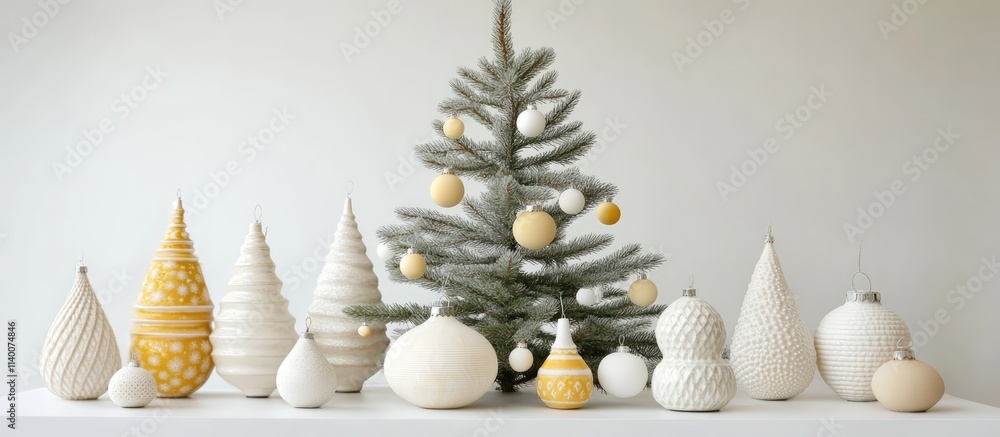 Aufkleber Elegant Christmas tree adorned with white and yellow ornaments set against a soft white backdrop featuring a charming bokeh effect.