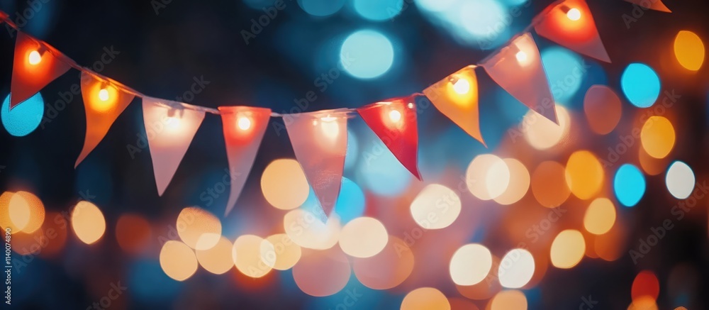 Poster Colorful bokeh lights background with festive flag decorations creating a vibrant and cheerful atmosphere for celebrations and events