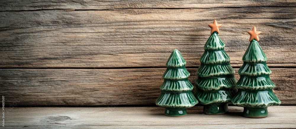 Poster vintage ceramic christmas tree figurines displayed on rustic wooden surface creating a charming holi