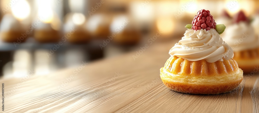 Poster Festive pastry design concept with raspberry topping on wooden table creating a warm holiday atmosphere in a bakery setting.