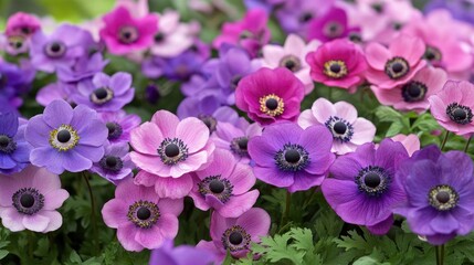 Fototapeta premium Vibrant display of anemones in shades of pink and purple showcasing their delicate beauty in a lush garden setting