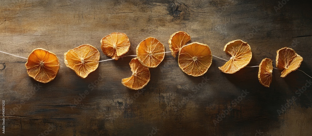 Poster dried orange slices arranged on a string creating a rustic decoration on a wooden table surface