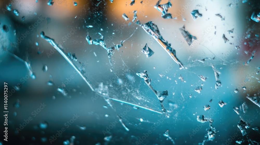 Poster Blurred abstract background of dirty glass surface with water droplets showcasing a textured and defocused appearance in cool tones