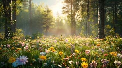 Obraz premium Sun-Kissed Meadow: A Serene Forest Bloom at Dawn