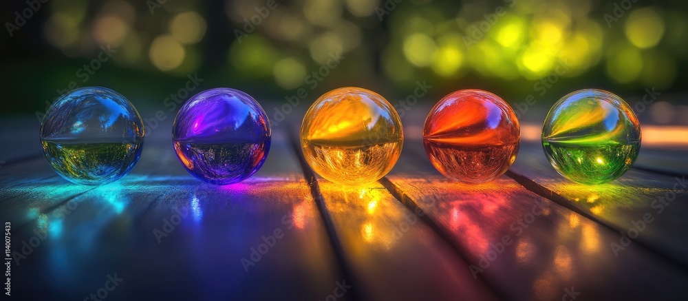Poster Colorful glass orbs reflecting light in a bokeh background showcasing a vibrant array of hues in a serene outdoor setting