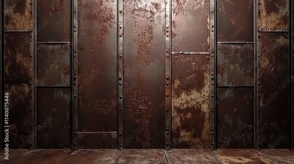 Poster rusty metal wall texture with aged peeling paint and industrial style, ideal for backgrounds or desi