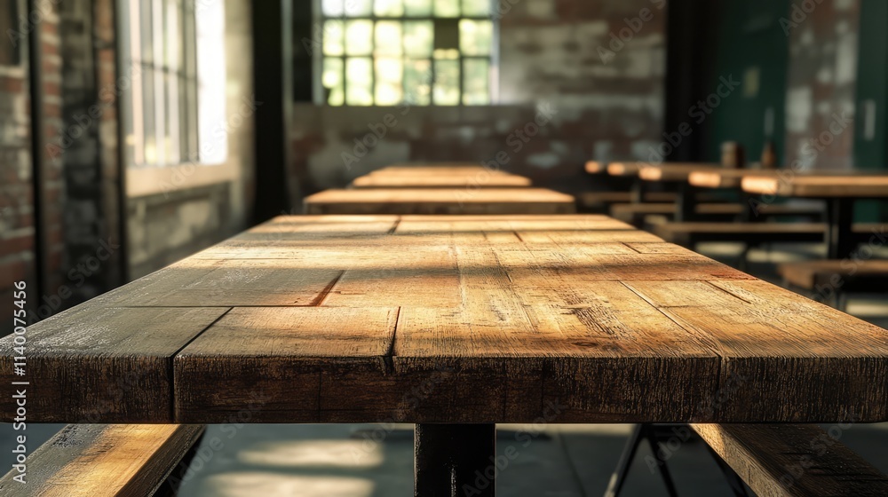 Poster Long wooden dining tables in a rustic cafeteria with natural light illuminating the space and highlighting the textures of the wood.