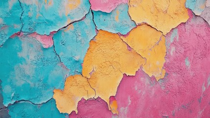 Obraz premium Cracked colorful concrete wall texture in vibrant shades of blue orange and pink for abstract artistic backgrounds and creative designs