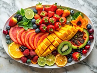 A healthy, raw rainbow: mango, papaya, strawberry, orange, and passion fruit create a stunning fruit platter.