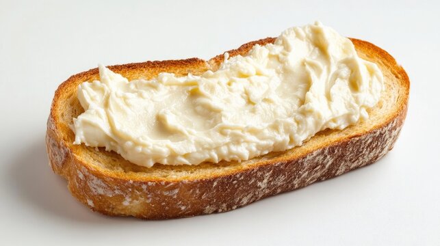 Cream cheese spread on toasted bread slice isolated on white background for culinary and food advertising purposes
