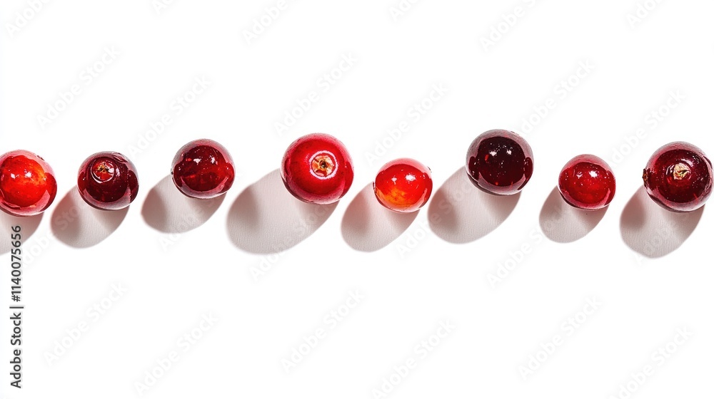 Poster cranberry fruits displaying a gradient of red shades arranged in a line against a white background w