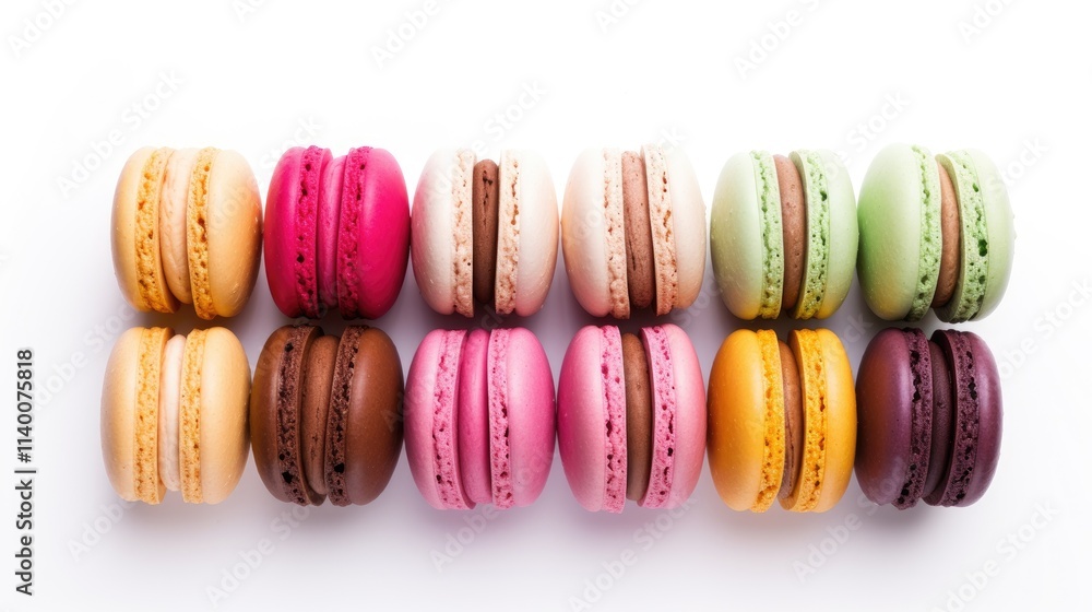 Poster variety of colorful macarons arranged in a row on a white background showcasing diverse flavors and 