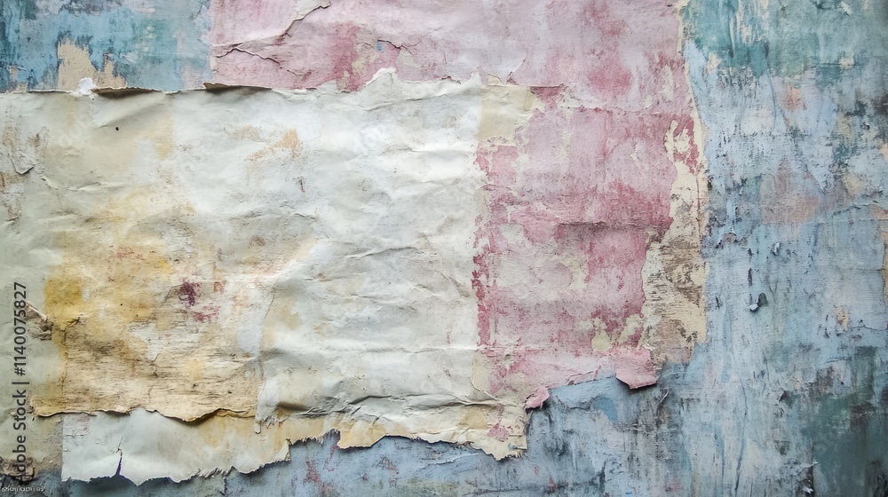 Poster worn and weathered paper texture with peeling layers and faded colors for artistic backgrounds and vintage design applications