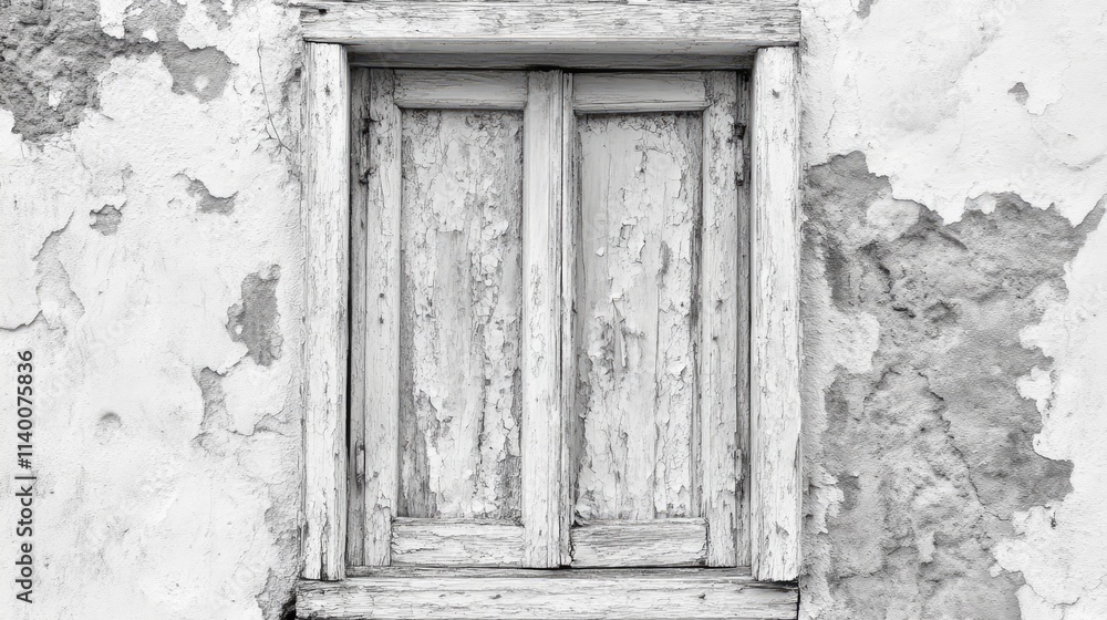 Poster weathered white wood window with peeling paint against a textured wall showcasing rustic charm and v