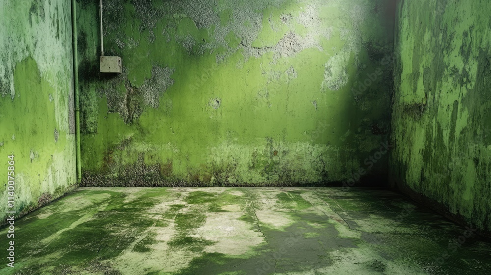 Poster grunge green painted cement floor with textured walls in an abandoned industrial setting ideal for b
