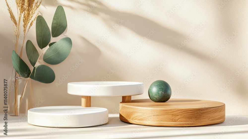 Poster Elegant Minimalist Display of Natural Elements with Wood and Greenery in Soft Light