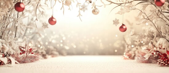 Festive winter wonderland background with Christmas ornaments and snowflakes for holiday themed designs and seasonal greetings