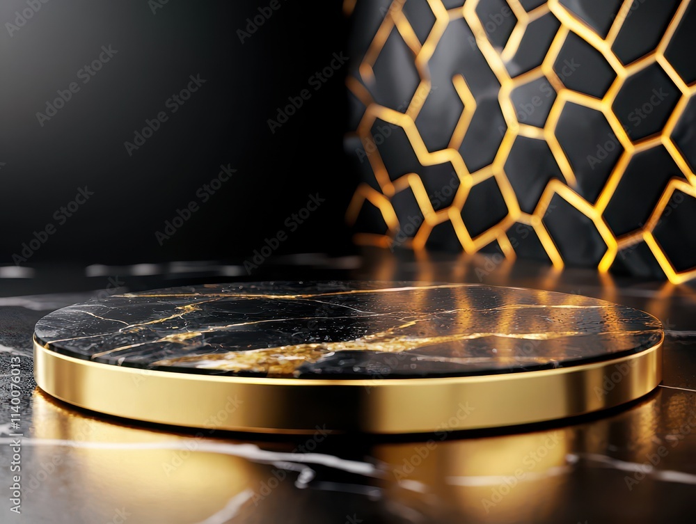 Poster elegant black and gold display platform on marble with geometric background