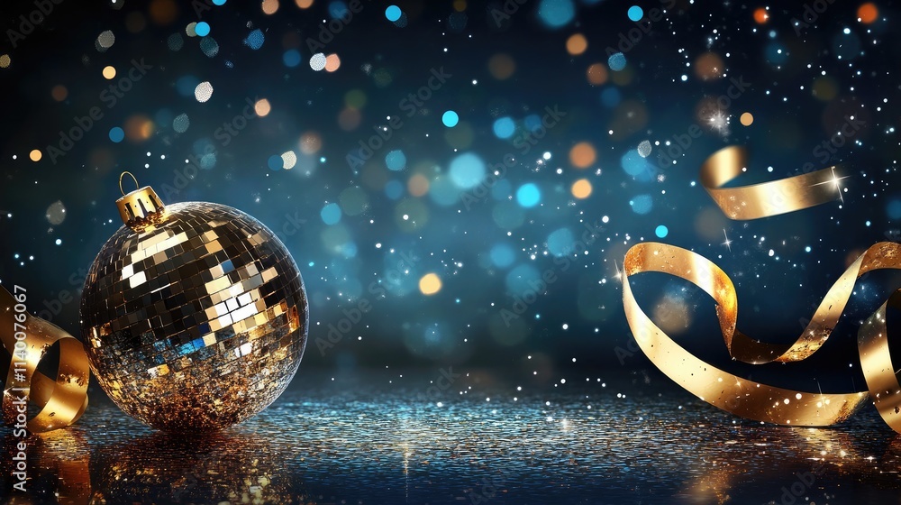 Poster festive disco ball adorned with shimmering ribbons and sparkling bokeh background perfect for party 