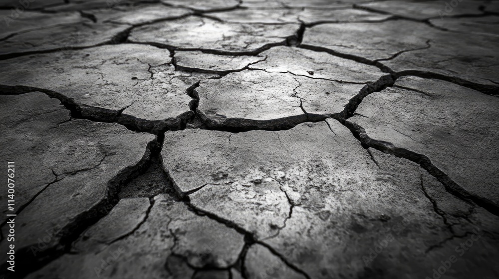Poster Crumbling cement surface with deep cracks showing wear and age in a textured abstract background suitable for construction themes